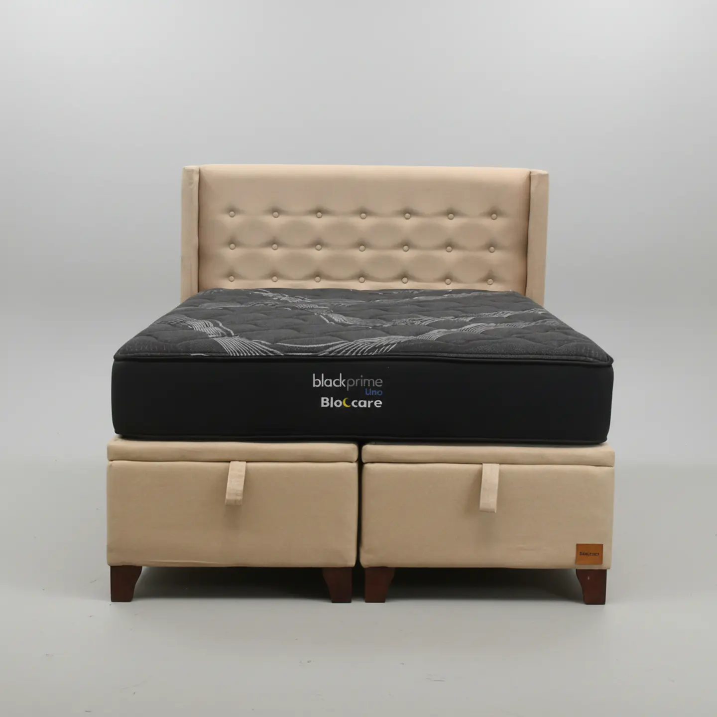 Cama Baul King + Colchon Black Prime - Modelo Uno + Respaldo / Con Patas De Madera (Beige) 2