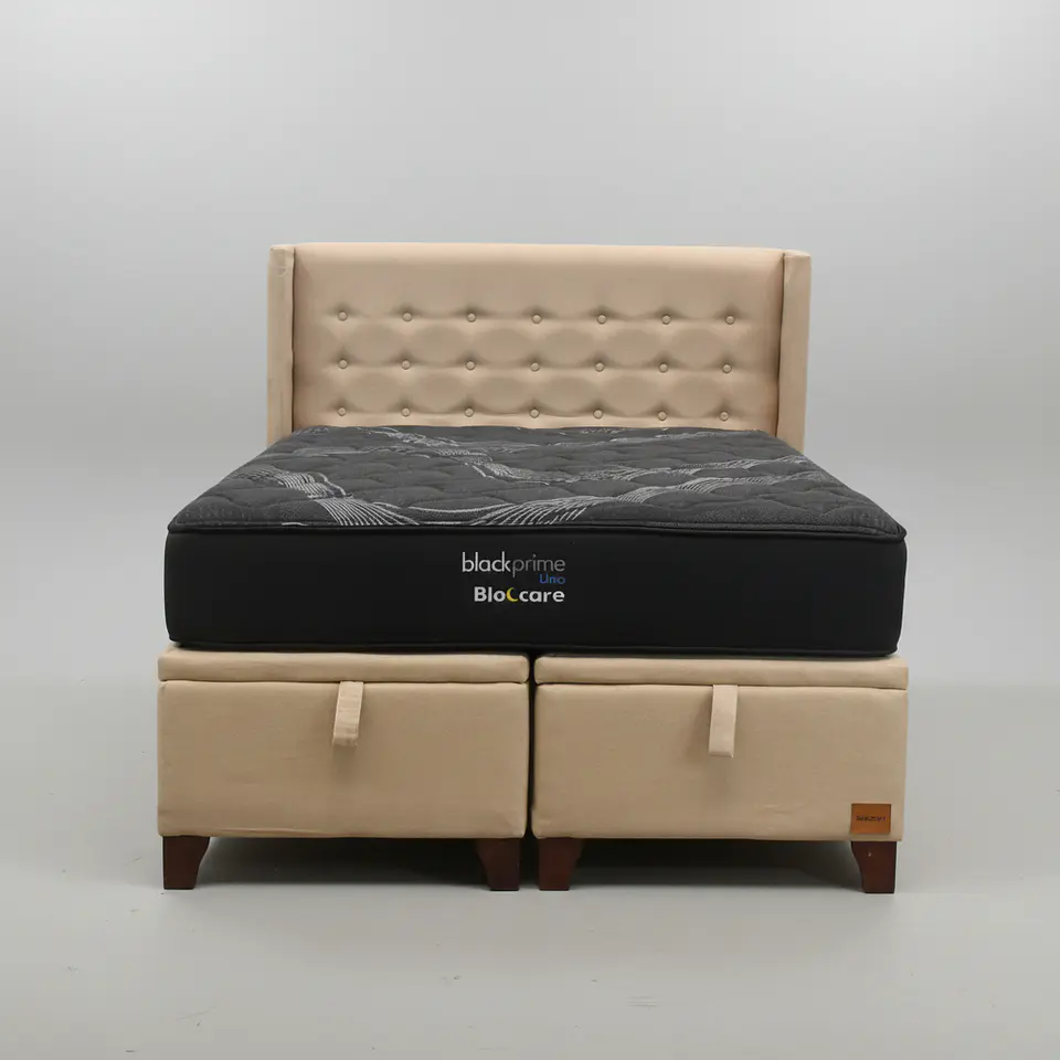 Cama Baul King + Colchon Black Prime - Modelo Uno + Respaldo / Con Patas De Madera (Beige) 2