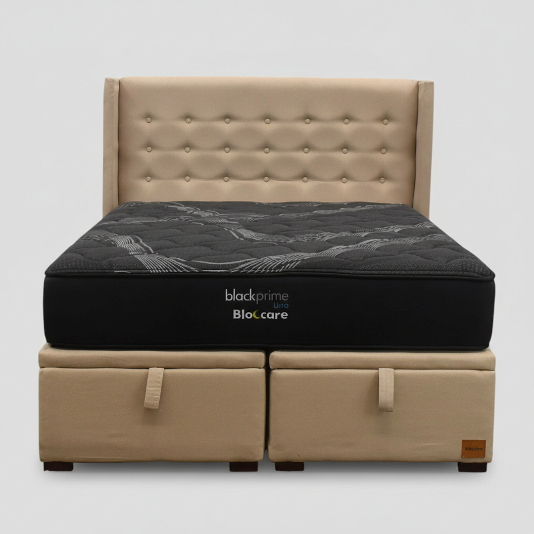 Cama Baul King + Colchon Black Prime - Modelo Uno + Respaldo / Con Patas De Madera (Beige) 5