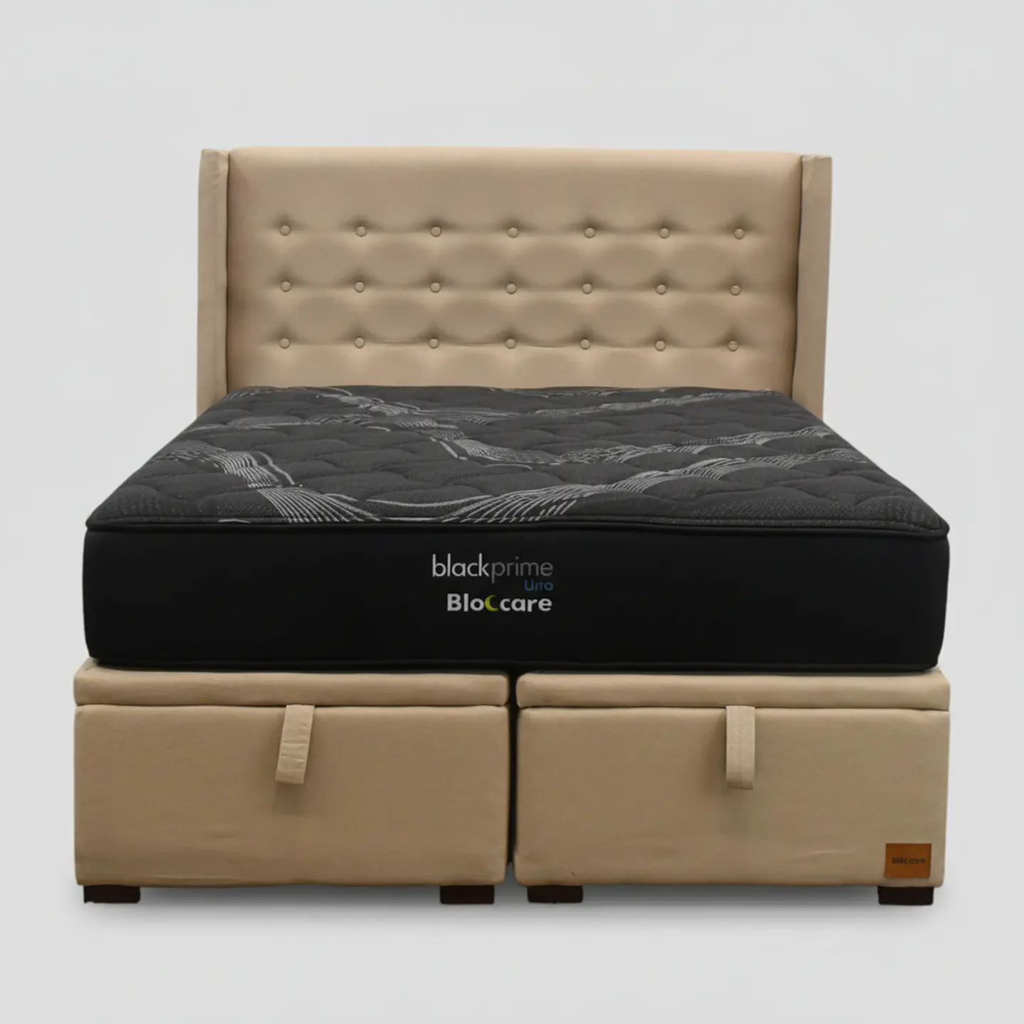 Cama Baul King + Colchon Black Prime - Modelo Uno + Respaldo / Con Patas De Madera (Beige) 5