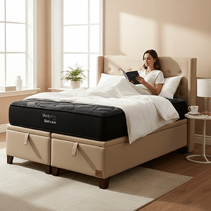 Cama Baul King + Colchon Black Prime - Modelo Uno + Respaldo / Con Patas De Madera (Beige)
