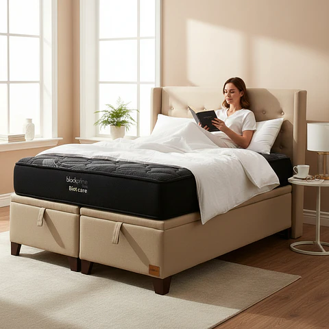Cama Baul King + Colchon Black Prime - Modelo Uno + Respaldo / Con Patas De Madera (Beige)