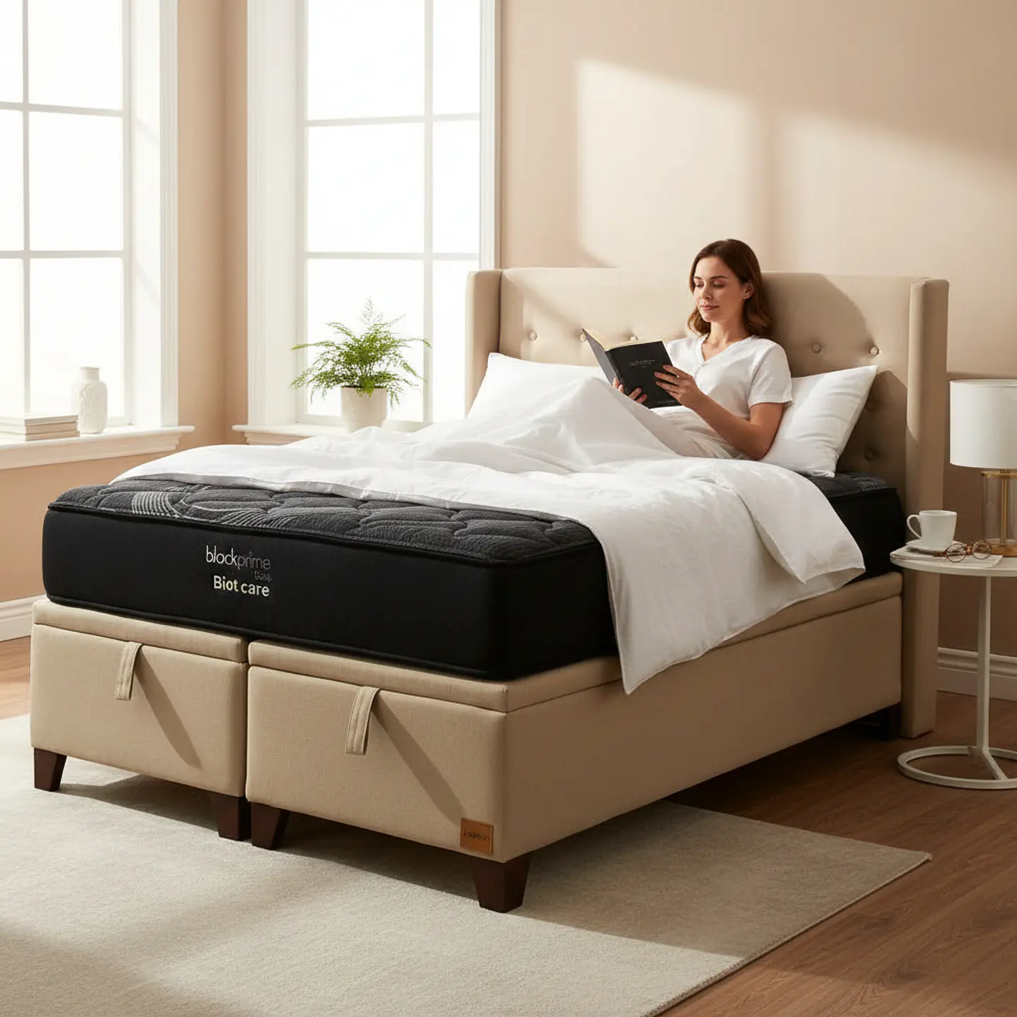 Cama Baul King + Colchon Black Prime - Modelo Uno + Respaldo / Con Patas De Madera (Beige) 1