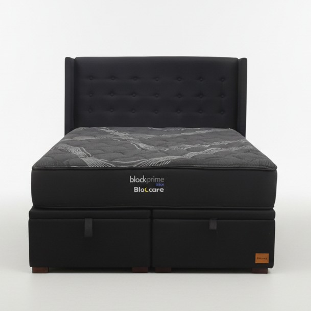 Cama Baul Super King + Colchon Black Prime - Modelo Uno + Respaldo / Con Patas De Madera  (Negro) 3