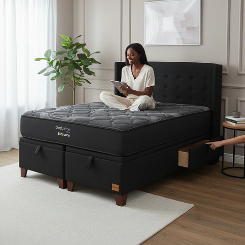 Cama Baul Super King + Colchon Black Prime - Modelo Uno + Respaldo / Con Patas De Madera  (Negro)