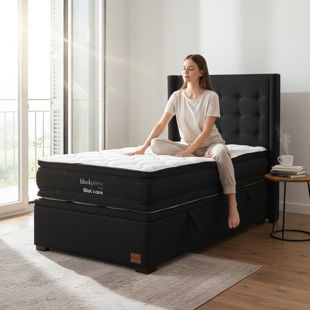 Cama Baul 1.5 Plaza + Colchon Black Prime - Modelo Dos + Respaldo / Con Patas De Madera (Negro) 1
