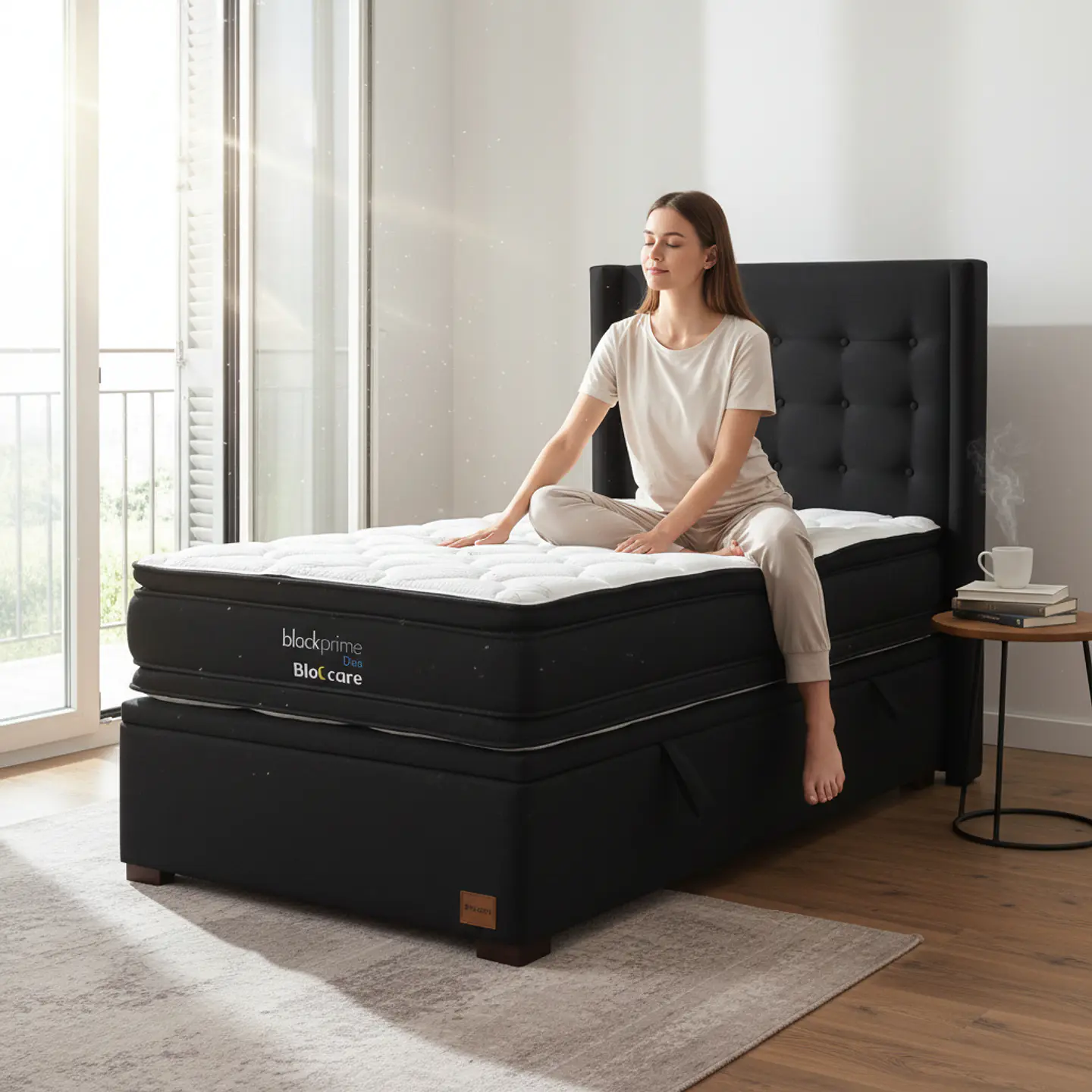 Cama Baul 1.5 Plaza + Colchon Black Prime - Modelo Dos + Respaldo / Con Patas De Madera (Negro) 1