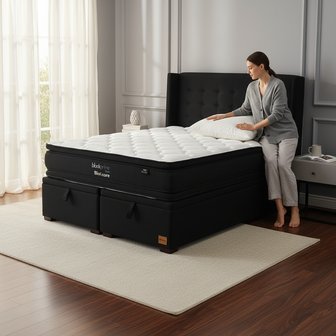 Cama Baul 2 Plazas + Colchon Black Prime - Modelo Dos + Respaldo / Con Patas De Madera (Negro) 1