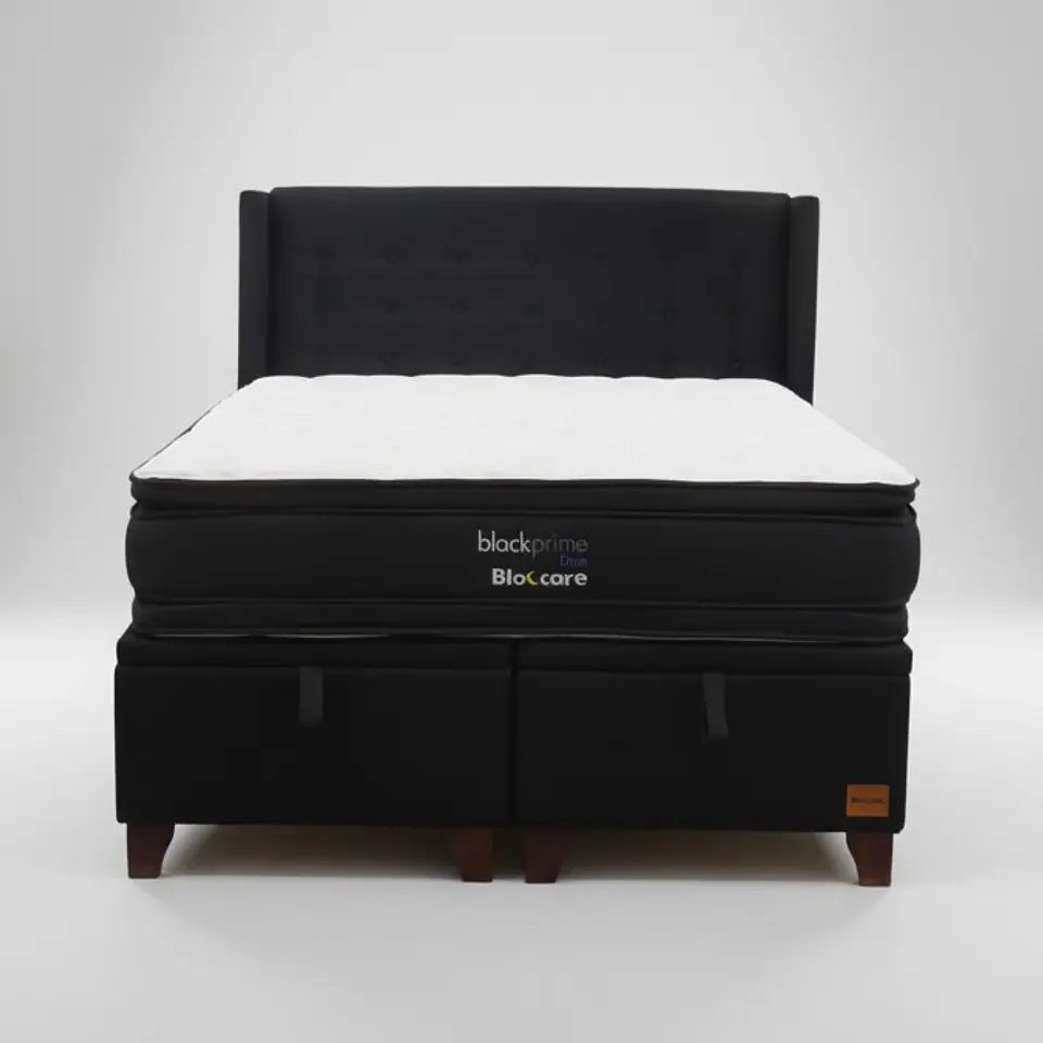 Cama Baul 2 Plazas + Colchon Black Prime - Modelo Dos + Respaldo / Con Patas De Madera (Negro) 4