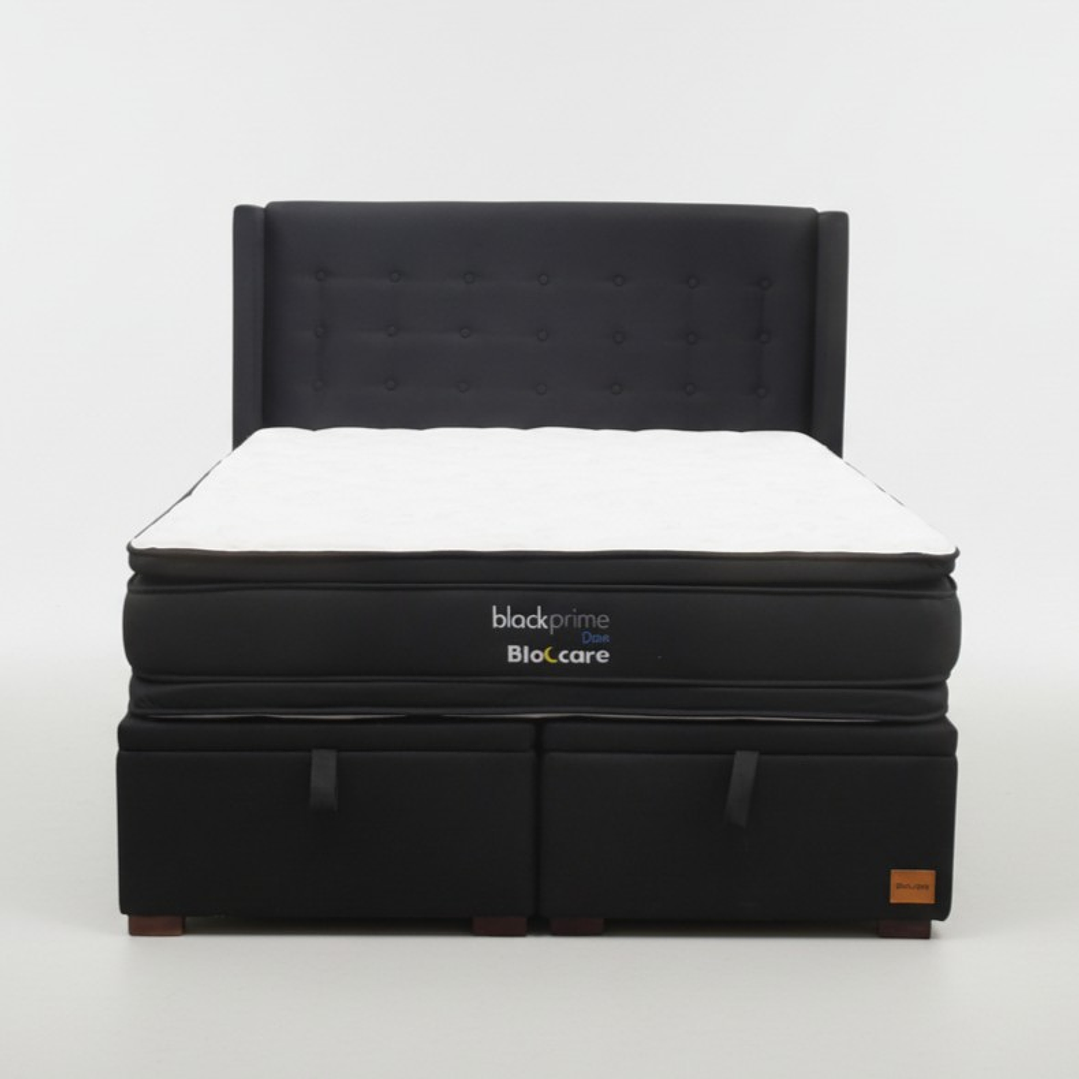 Cama Baul King + Colchon Black Prime - Modelo Dos + Respaldo / Con Patas De Madera (Negro) 2