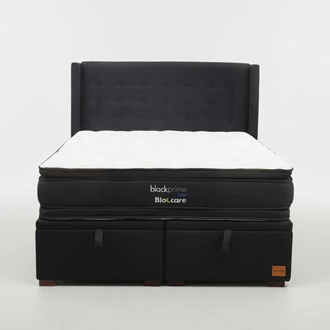 Cama Baul King + Colchon Black Prime - Modelo Dos + Respaldo / Con Patas De Madera (Negro)