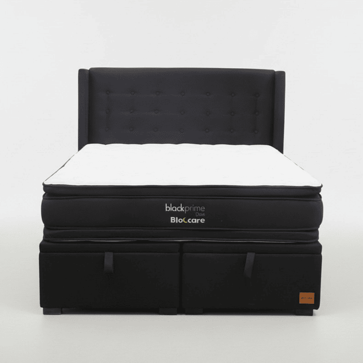 Cama Baul Super  King + Colchon Black Prime - Modelo Dos + Respaldo / Con Patas De Madera (Negro) 2