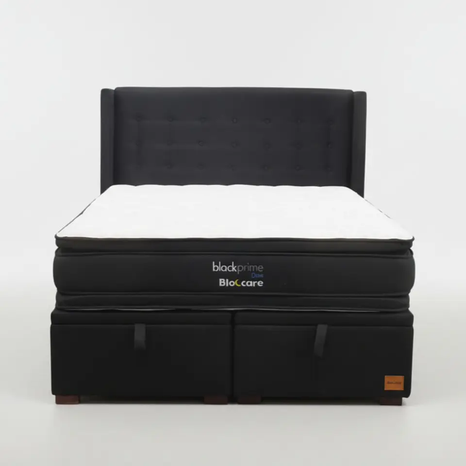 Cama Baul Super  King + Colchon Black Prime - Modelo Dos + Respaldo / Con Patas De Madera (Negro) 2
