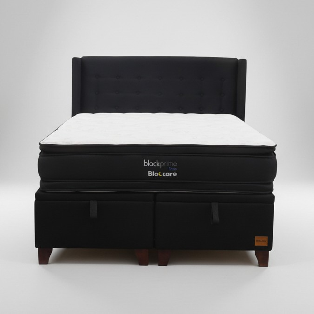 Cama Baul Super  King + Colchon Black Prime - Modelo Dos + Respaldo / Con Patas De Madera (Negro) 4