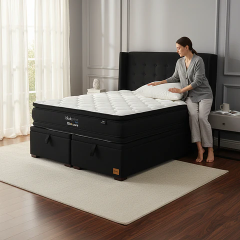 Cama Baul Super  King + Colchon Black Prime - Modelo Dos + Respaldo / Con Patas De Madera (Negro)