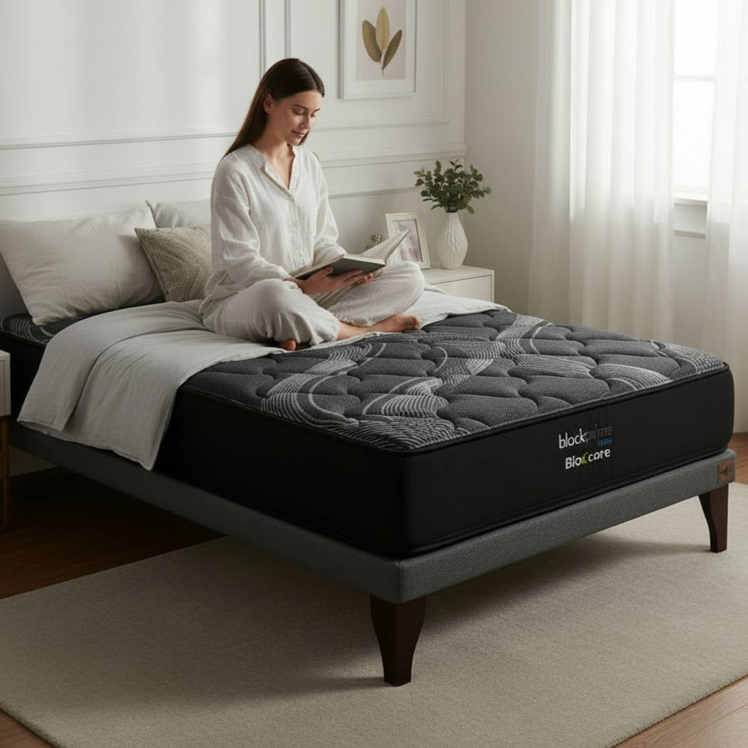 Cama 1.5 Plaza Box 8 cm + Colchon Black Prime - Modelo Uno / Con Patas De Madera (Gris) 1