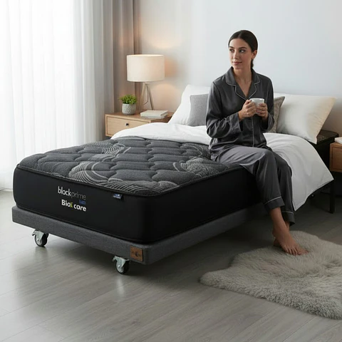 Cama 1 Plaza Box 8 cm + Colchon Black Prime - Modelo Uno- Ruedas A Eleccion (Gris)