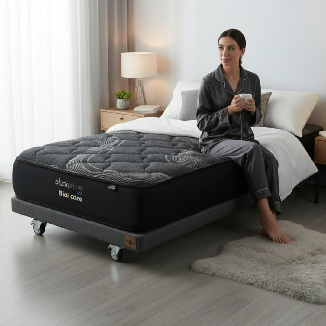 Cama 1.5 Plaza Box 8 cm + Colchon Black Prime - Modelo Uno- Ruedas A Eleccion (Gris) 1