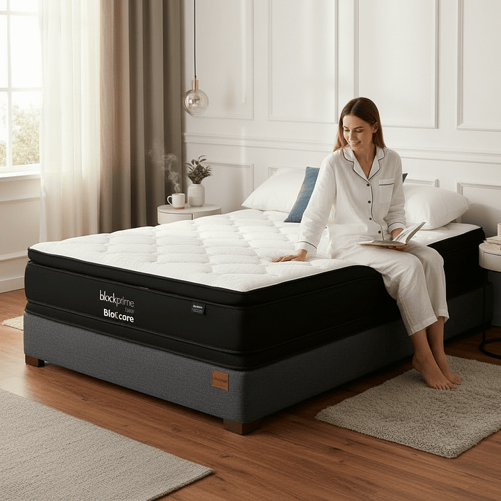 Cama 1.5 Plaza Box 8 cm + Colchon Black Prime - Modelo Dos - Patas De Madera (Gris) 1