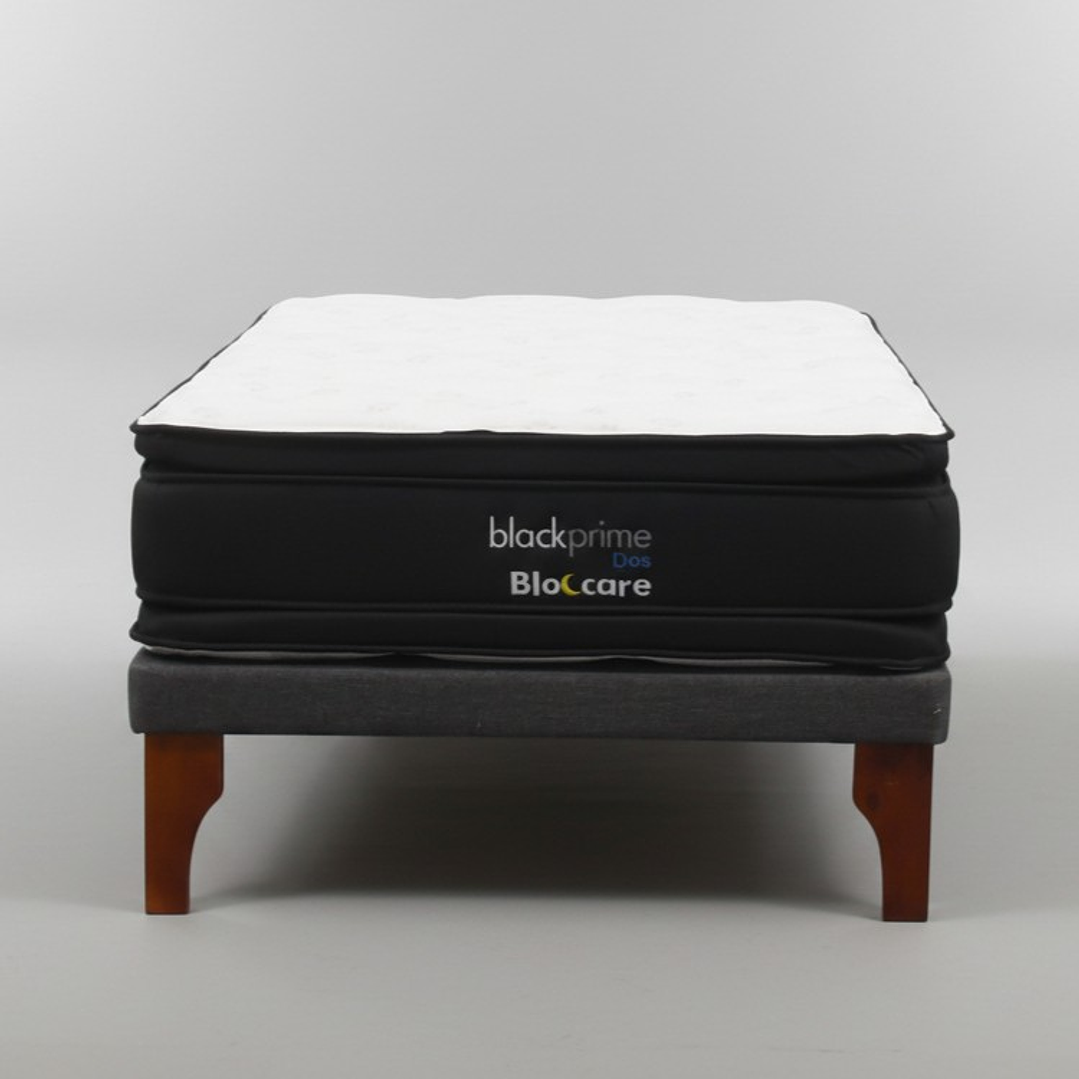 Cama 1.5 Plaza Box 8 cm + Colchon Black Prime - Modelo Dos - Patas De Madera (Gris) 8