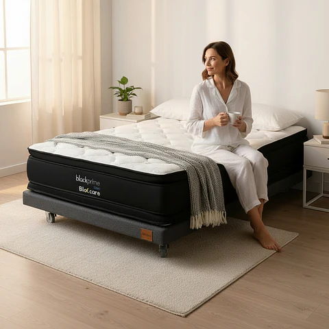 Cama 1.5 Plaza Box 8 cm + Colchon Black Prime - Modelo Dos - Ruedas A Eleccion (Gris)