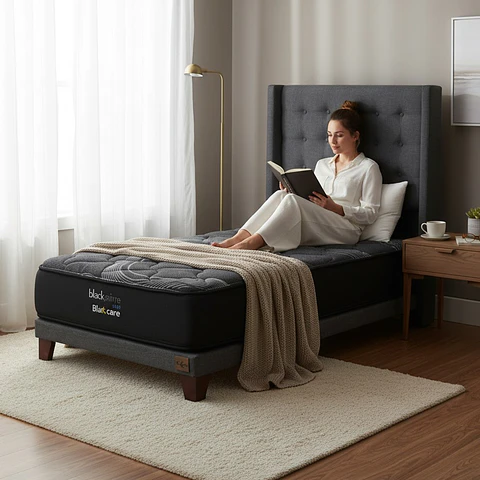 Cama 1 Plaza Box 8 cm + Colchon Black Prime - Modelo Uno + Respaldo / Con Patas De Madera (Gris)