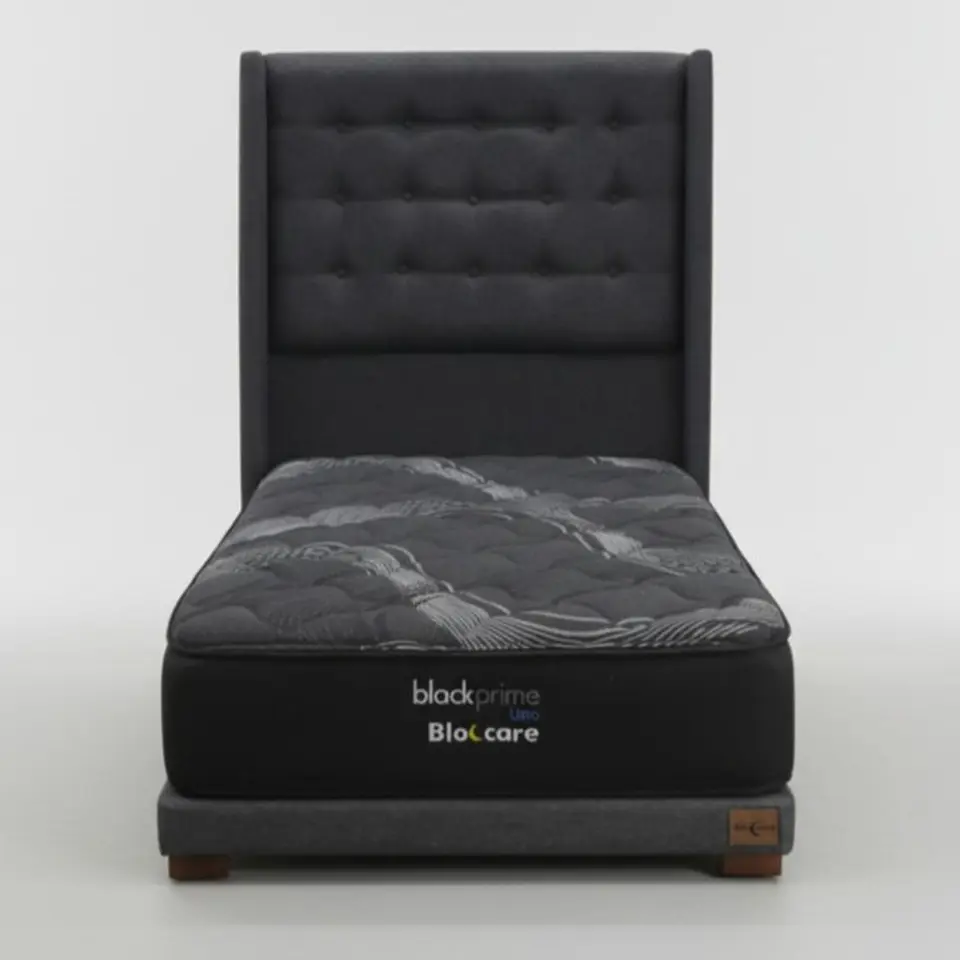 Cama 1 Plaza Box 8 cm + Colchon Black Prime - Modelo Uno + Respaldo / Con Patas De Madera (Gris) 2