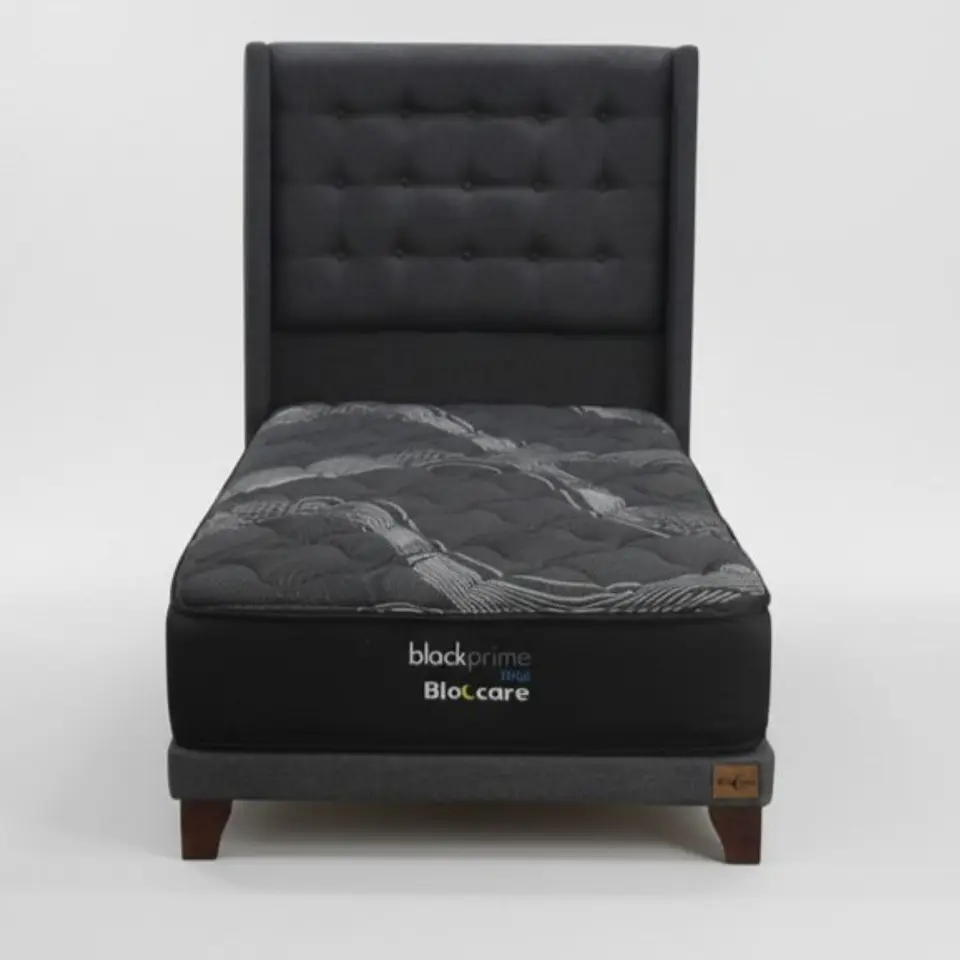 Cama 1 Plaza Box 8 cm + Colchon Black Prime - Modelo Uno + Respaldo / Con Patas De Madera (Gris) 4
