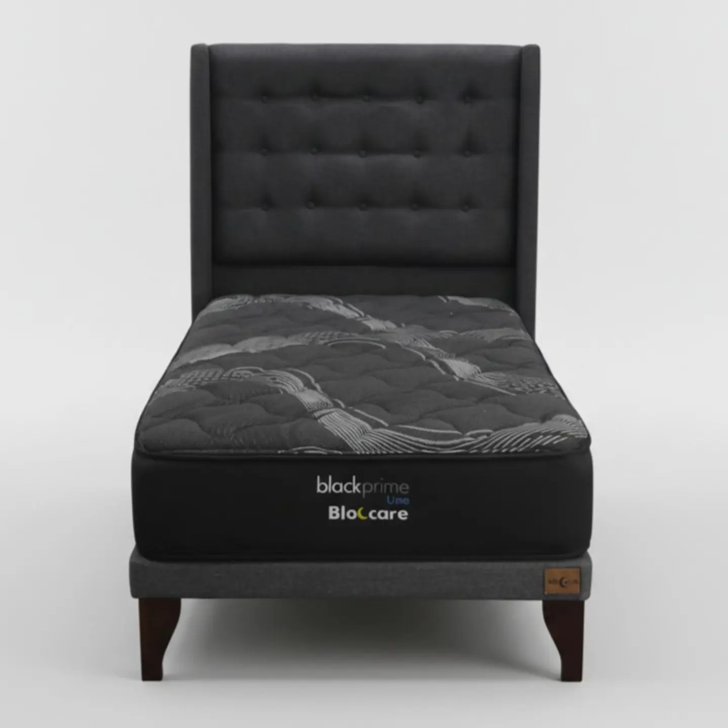 Cama 1 Plaza Box 8 cm + Colchon Black Prime - Modelo Uno + Respaldo / Con Patas De Madera (Gris) 6