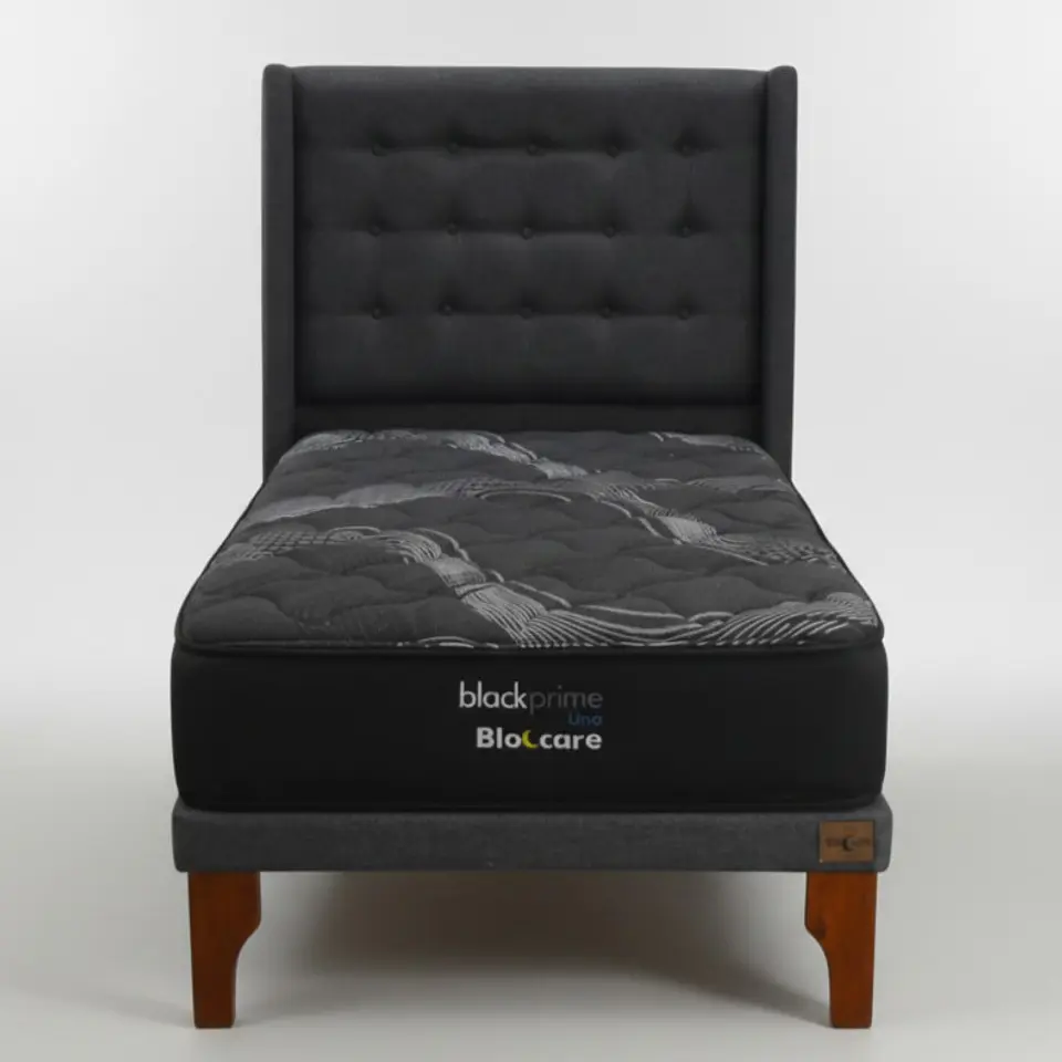 Cama 1 Plaza Box 8 cm + Colchon Black Prime - Modelo Uno + Respaldo / Con Patas De Madera (Gris) 8