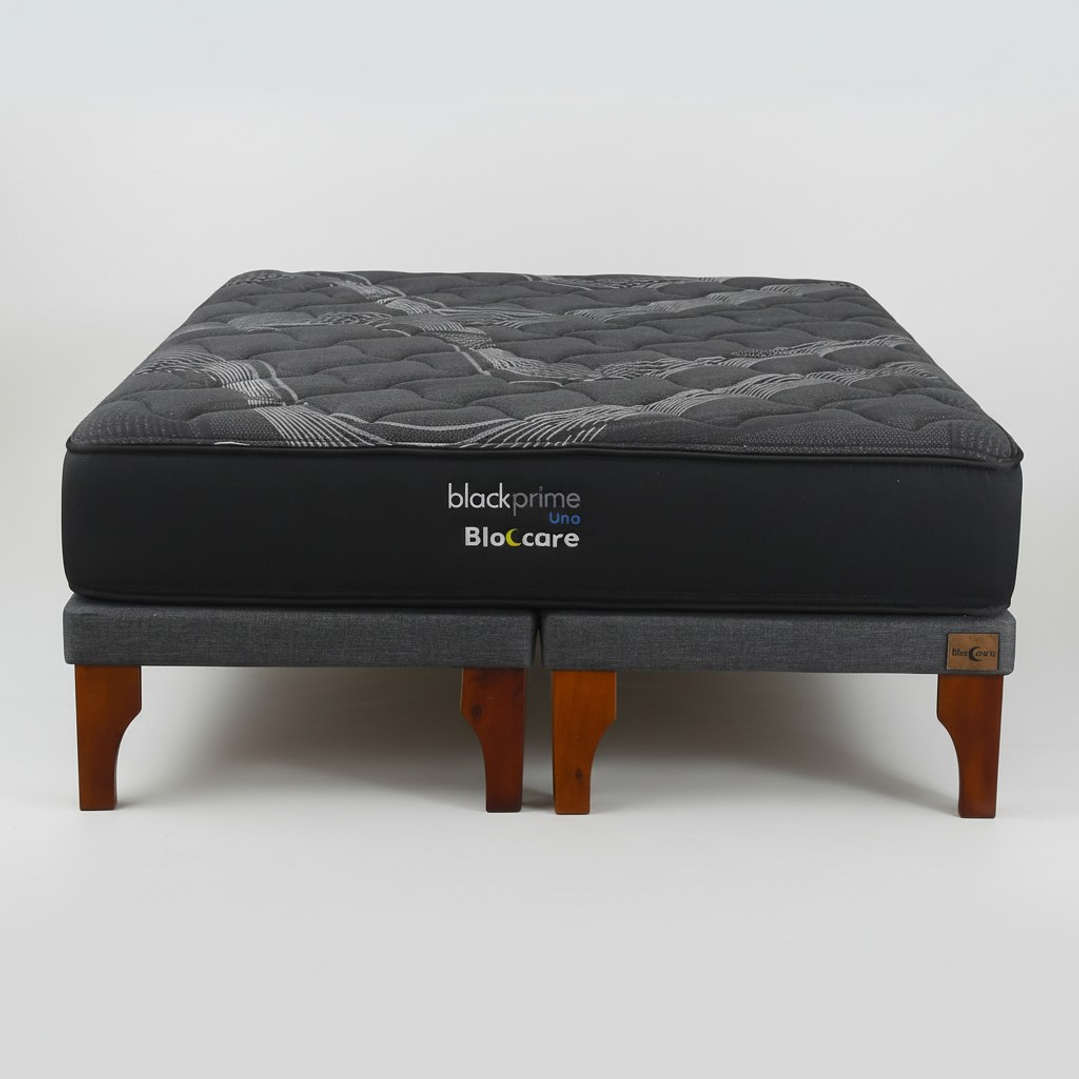 Cama 2 Plaza Box 8 cm + Colchon Black Prime - Modelo Uno / Con Patas De Madera (Gris) 8