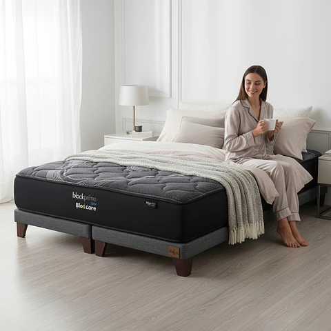 Cama Super King Box 8 cm + Colchon Black Prime - Modelo Uno / Con Patas De Madera (Gris)