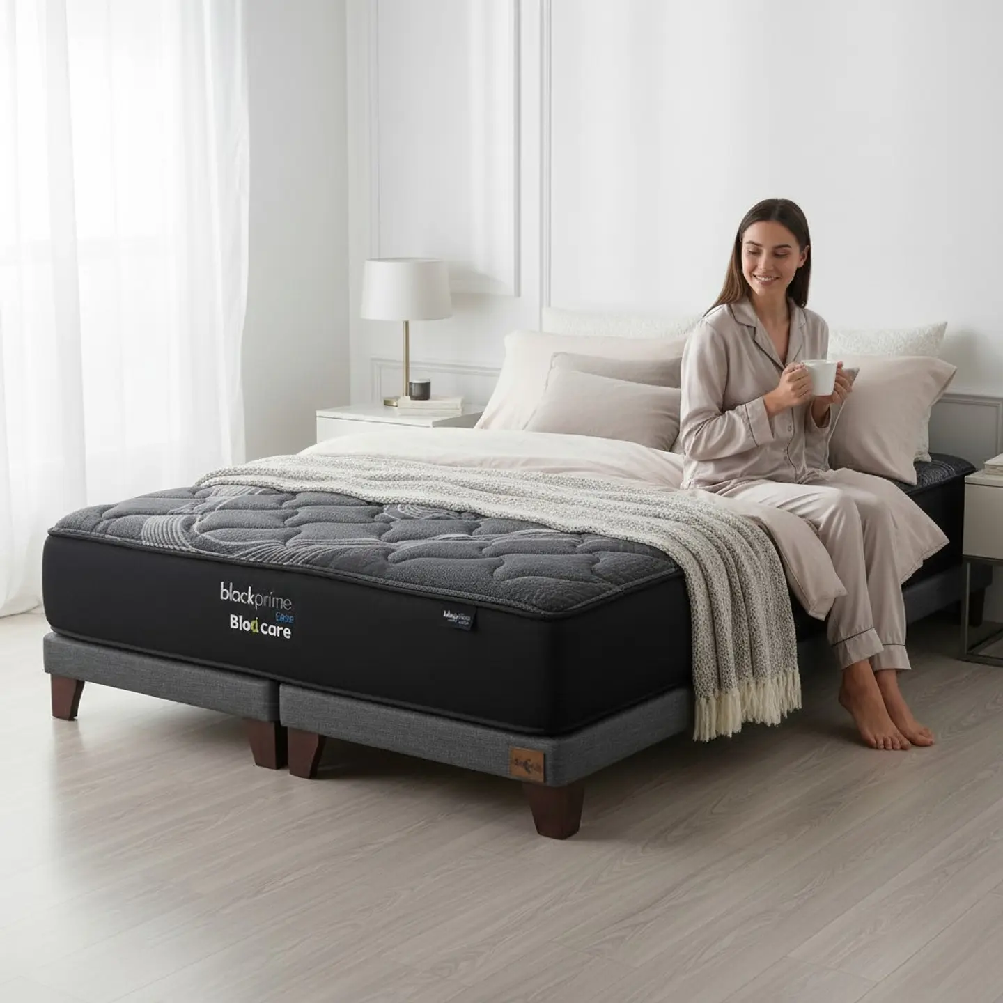 Cama Super King Box 8 cm + Colchon Black Prime - Modelo Uno / Con Patas De Madera (Gris) 1
