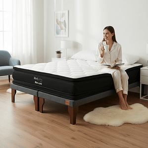 Cama 2 Plaza Box 8 cm + Colchon Black Prime - Modelo Dos - Patas De Madera (Gris)