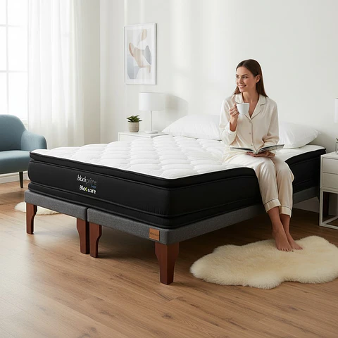 Cama King Box 8 cm + Colchon Black Prime - Modelo Dos - Patas De Madera (Gris)