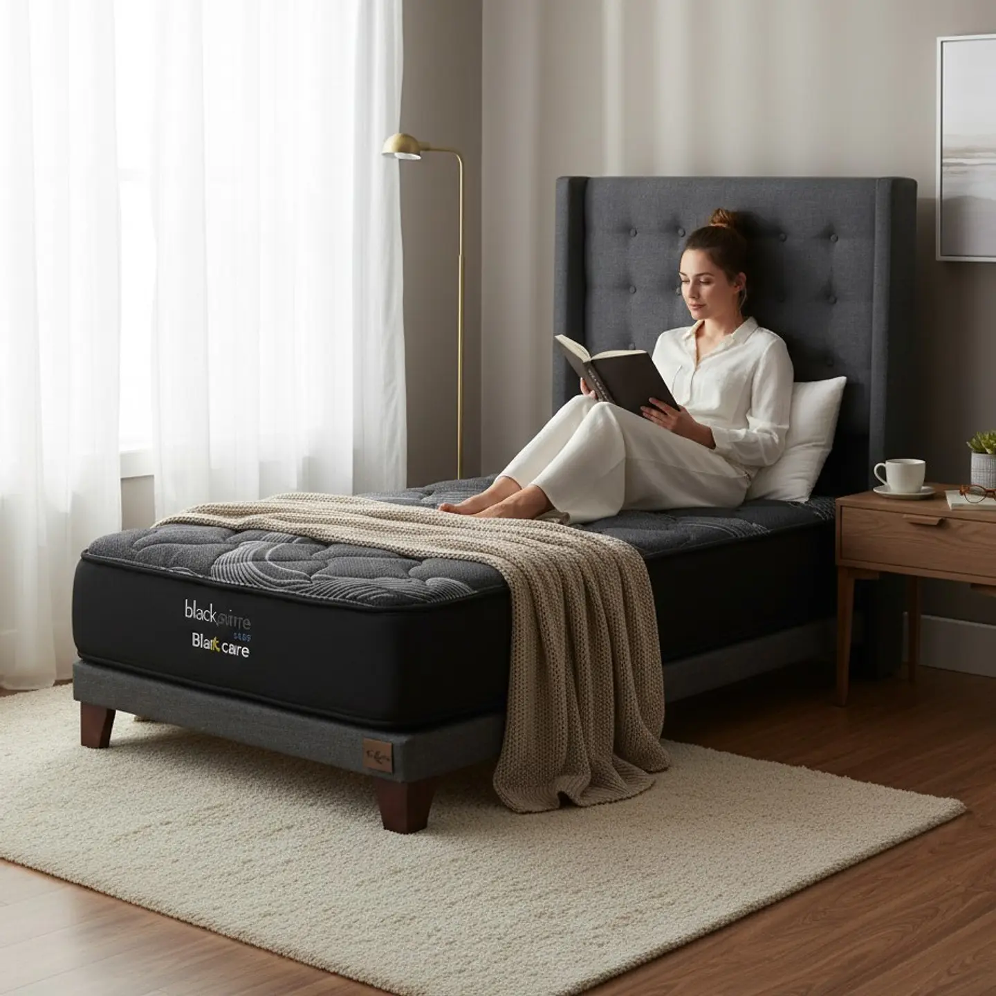 Cama 1.5 Plaza Box 8 cm + Colchon Black Prime - Modelo Uno + Respaldo / Con Patas De Madera (Gris) 1