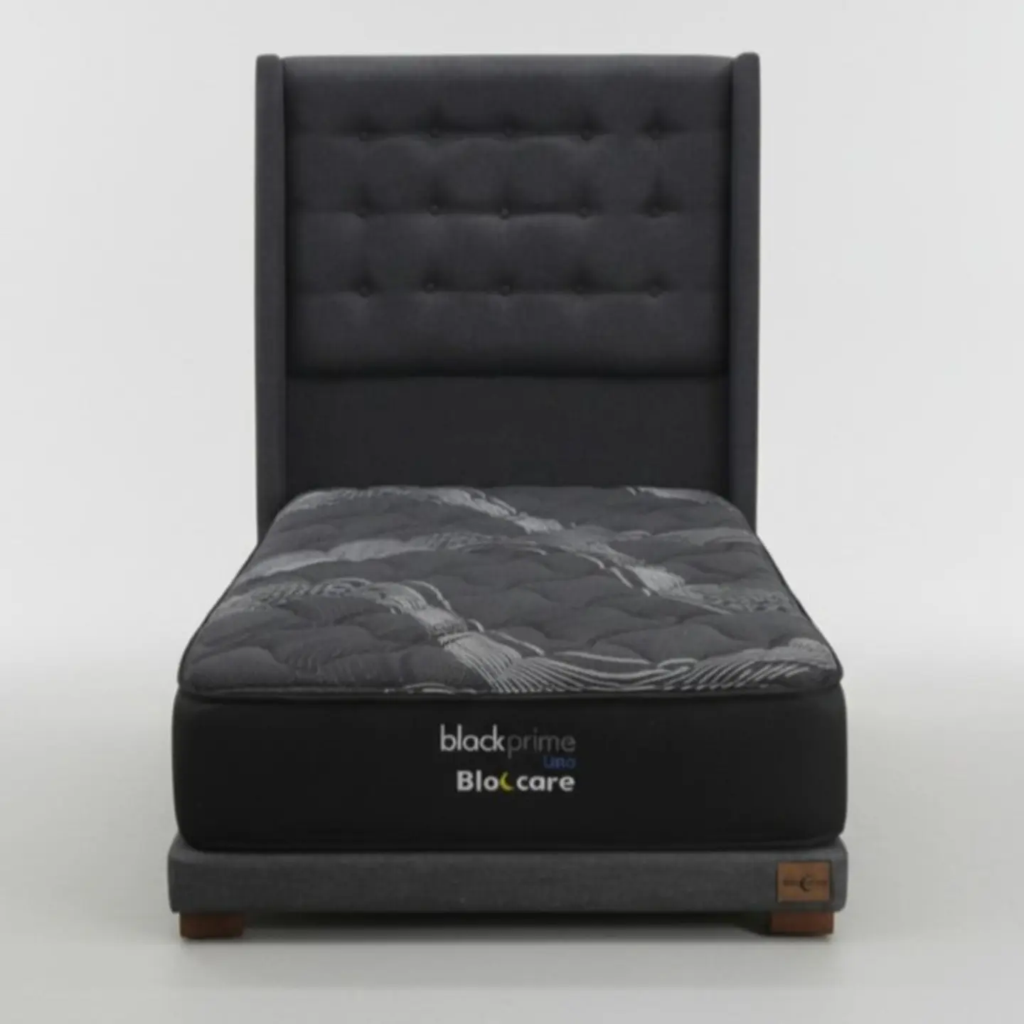 Cama 1.5 Plaza Box 8 cm + Colchon Black Prime - Modelo Uno + Respaldo / Con Patas De Madera (Gris) 2