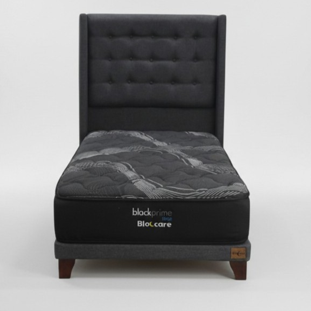 Cama 1.5 Plaza Box 8 cm + Colchon Black Prime - Modelo Uno + Respaldo / Con Patas De Madera (Gris) 4