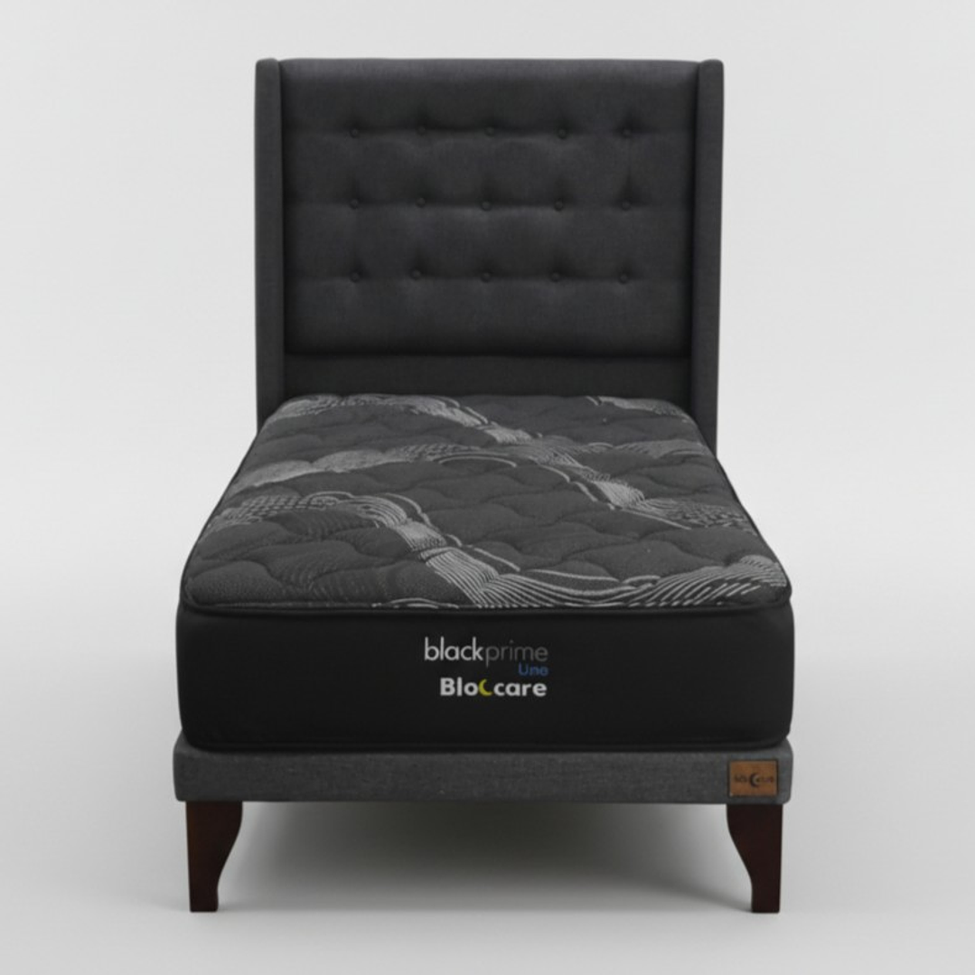 Cama 1.5 Plaza Box 8 cm + Colchon Black Prime - Modelo Uno + Respaldo / Con Patas De Madera (Gris) 6