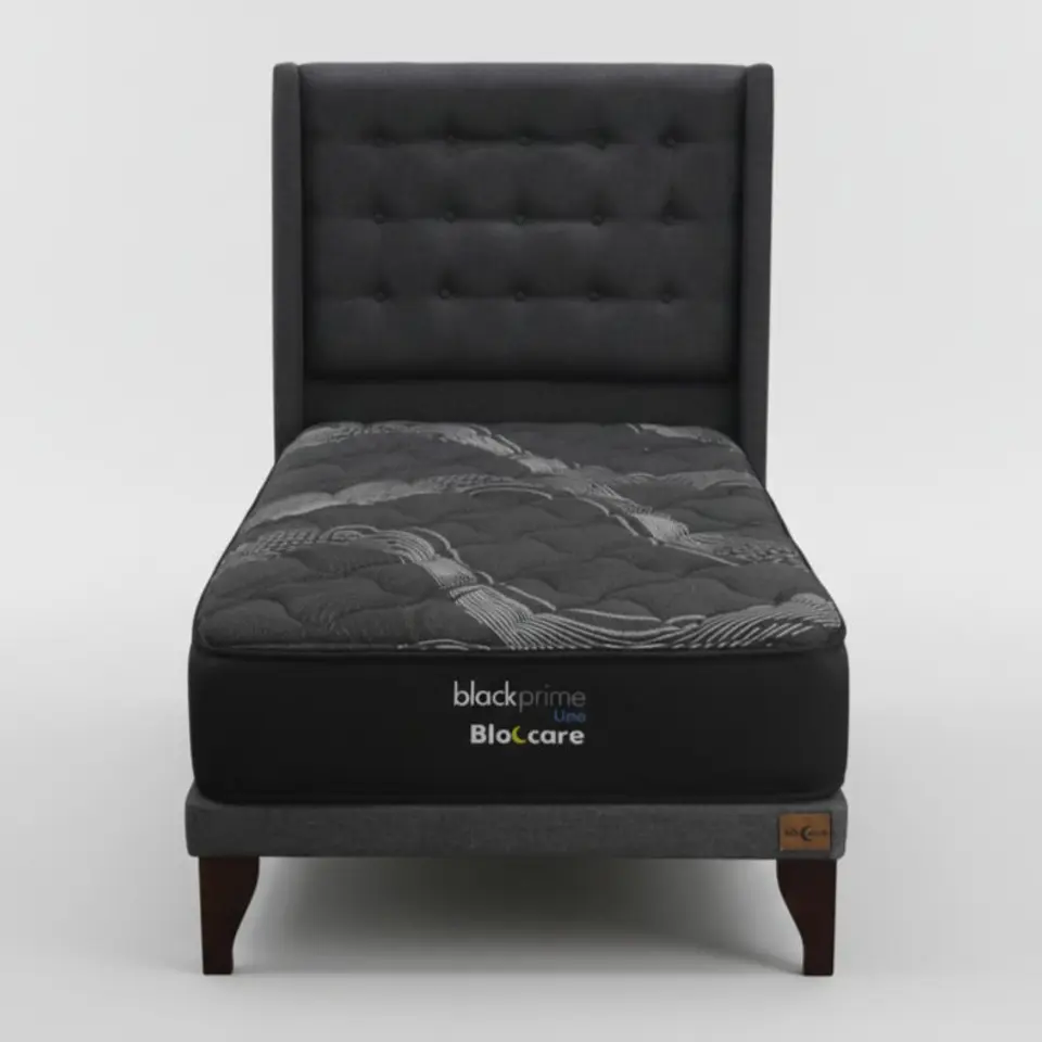 Cama 1.5 Plaza Box 8 cm + Colchon Black Prime - Modelo Uno + Respaldo / Con Patas De Madera (Gris) 6