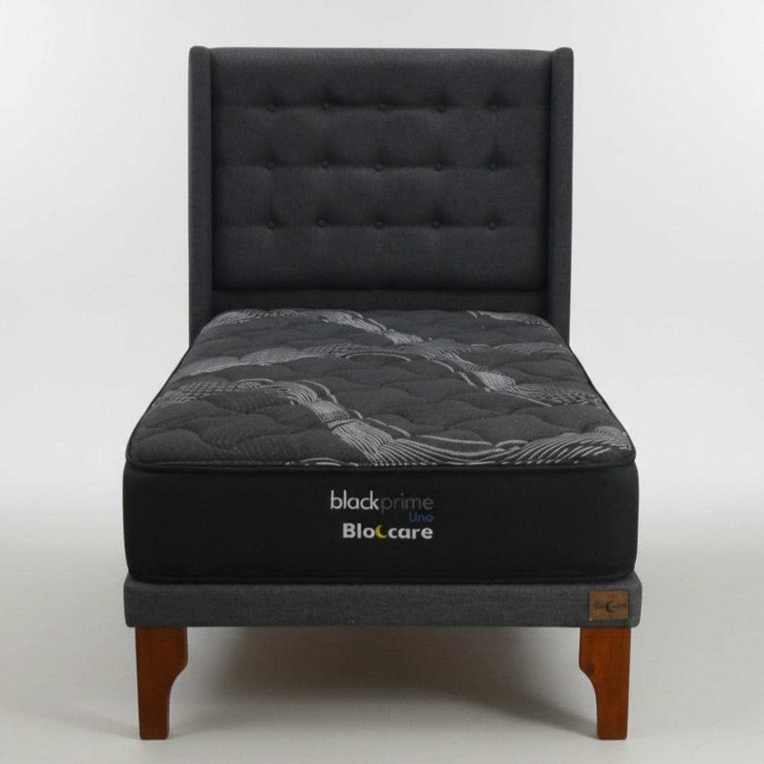 Cama 1.5 Plaza Box 8 cm + Colchon Black Prime - Modelo Uno + Respaldo / Con Patas De Madera (Gris) 8