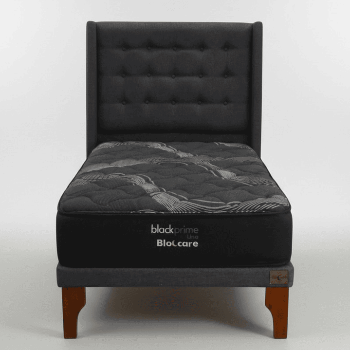 Cama 1.5 Plaza Box 8 cm + Colchon Black Prime - Modelo Uno + Respaldo / Con Patas De Madera (Gris) 8