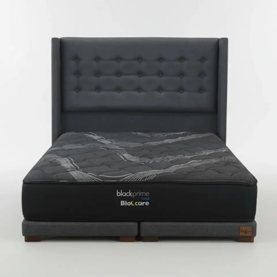Cama 2 Plaza Box 8 cm + Colchon Black Prime - Modelo Uno + Respaldo / Con Patas De Madera (Gris) 2