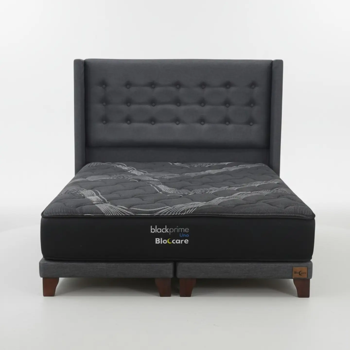 Cama 2 Plaza Box 8 cm + Colchon Black Prime - Modelo Uno + Respaldo / Con Patas De Madera (Gris) 4