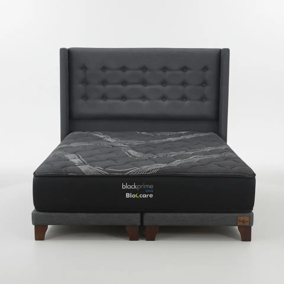 Cama 2 Plaza Box 8 cm + Colchon Black Prime - Modelo Uno + Respaldo / Con Patas De Madera (Gris) 4