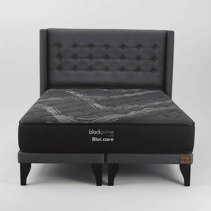 Cama 2 Plaza Box 8 cm + Colchon Black Prime - Modelo Uno + Respaldo / Con Patas De Madera (Gris) 6