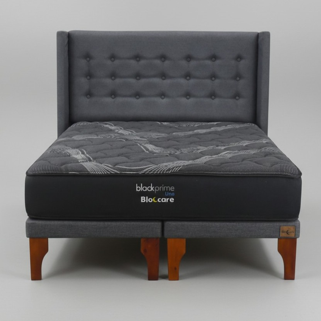 Cama 2 Plaza Box 8 cm + Colchon Black Prime - Modelo Uno + Respaldo / Con Patas De Madera (Gris) 8