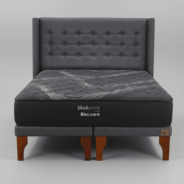 Cama 2 Plaza Box 8 cm + Colchon Black Prime - Modelo Uno + Respaldo / Con Patas De Madera (Gris) 8