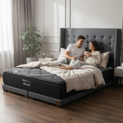 Cama King Box 8 cm + Colchon Black Prime - Modelo Uno + Respaldo / Con Patas De Madera (Gris)