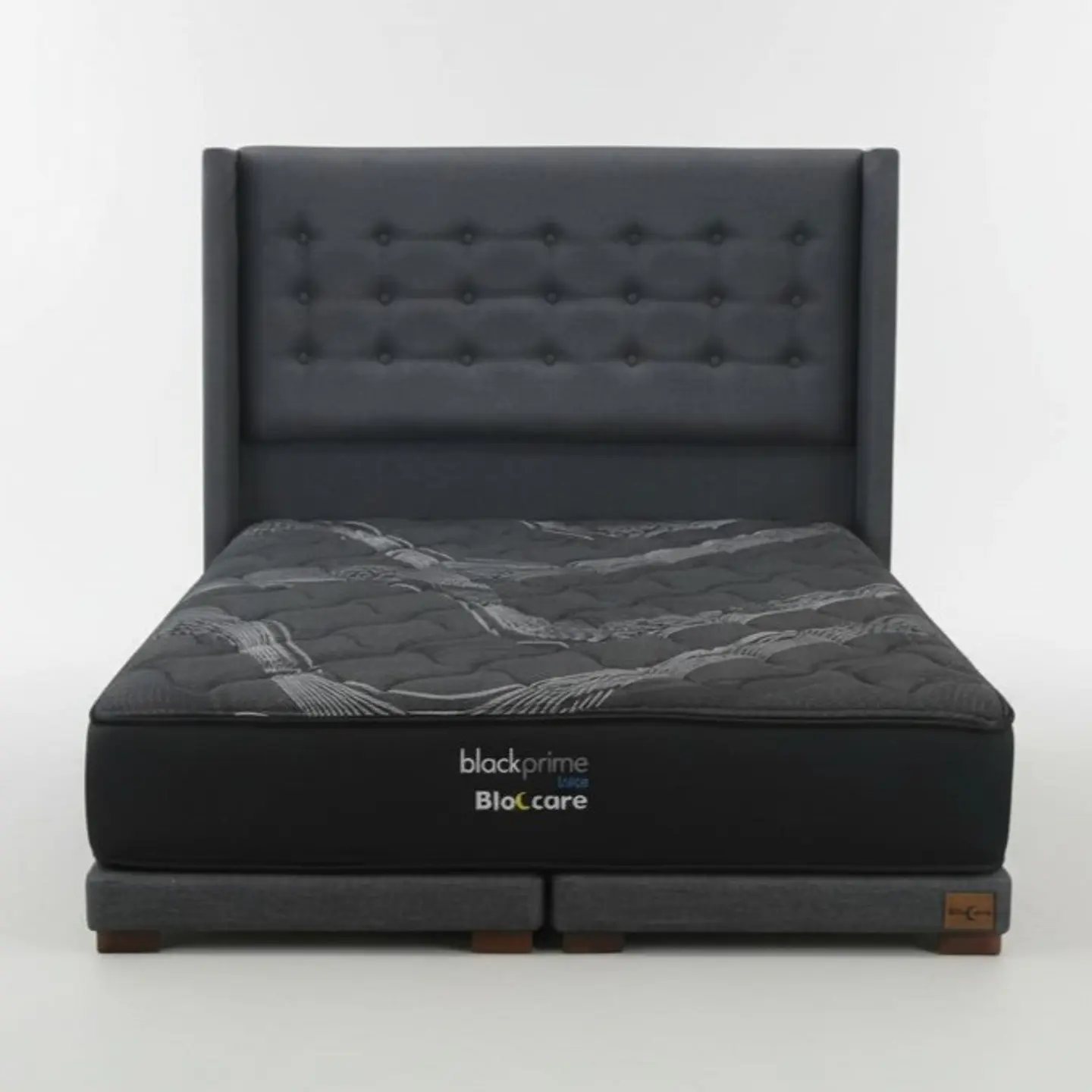 Cama King Box 8 cm + Colchon Black Prime - Modelo Uno + Respaldo / Con Patas De Madera (Gris) 2